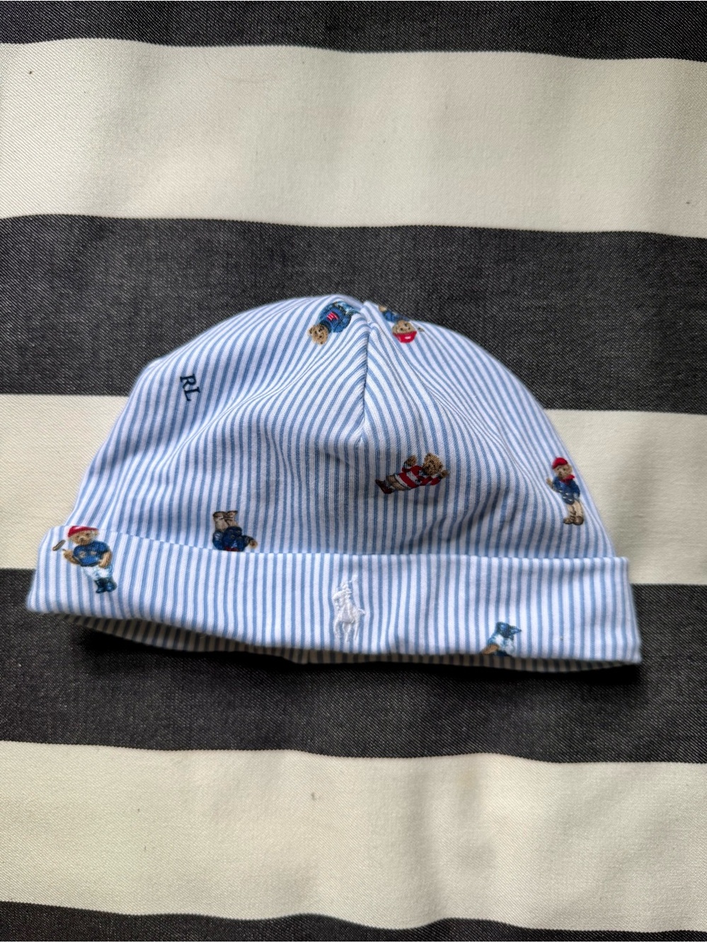 Ralph Lauren Blue Striped Baby Beanie with Polo Bear